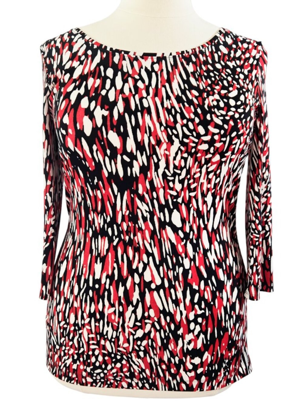 Coldwater Creek Black Red White Abstract Liquid Knit Scoop Neck Top Stretch